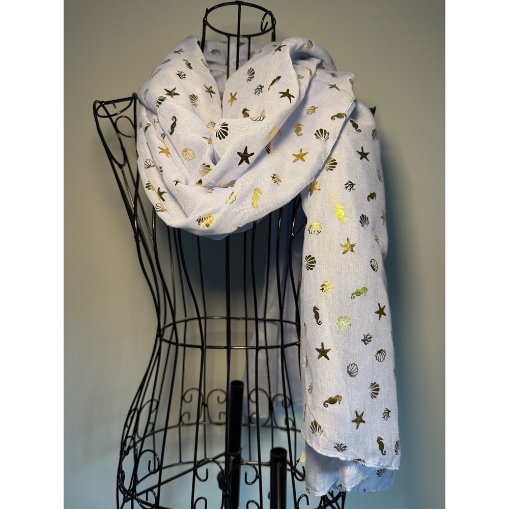 Avenue 9 Light Blue Scarf Gold‎ Foil Nautical Seashell Seahorse Starfish 71x27